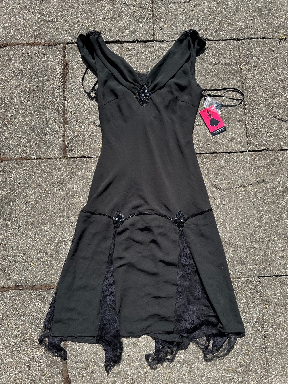 Unique Vintage Black Beaded Lace Cowl Back Dress BNWT S
